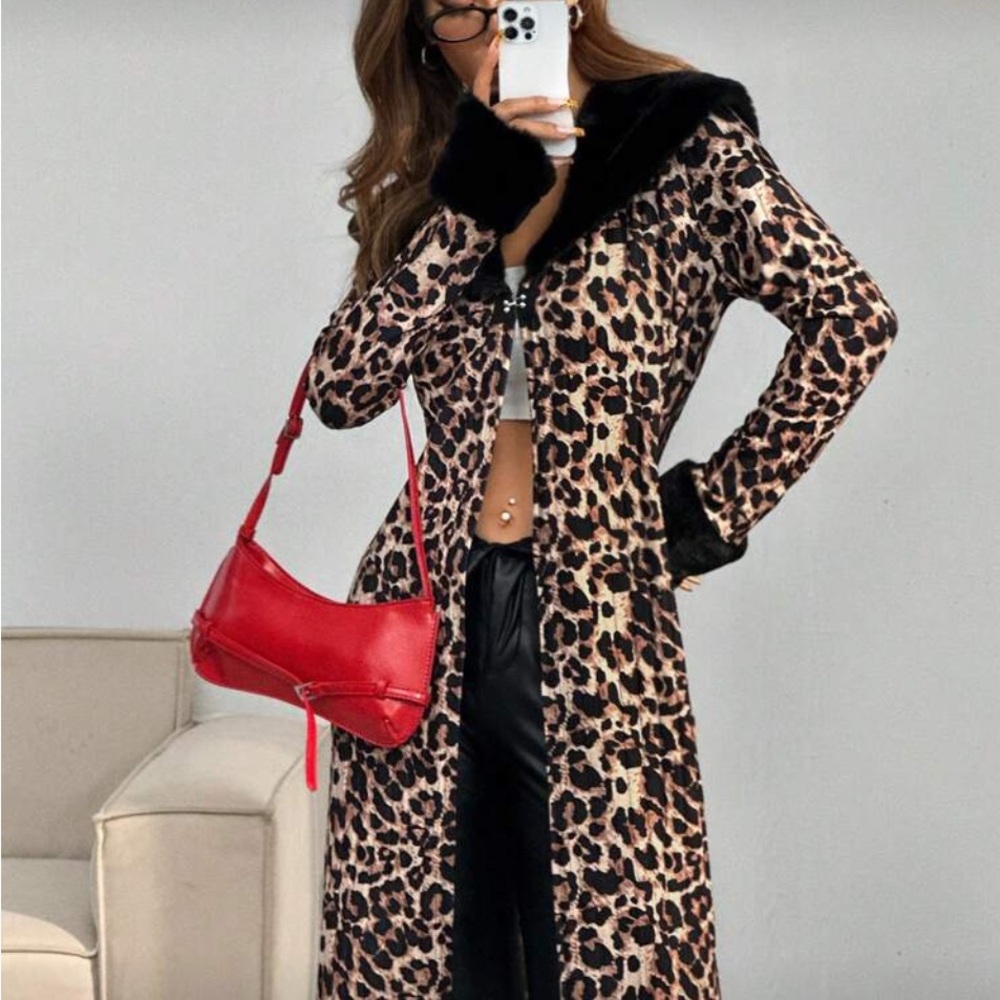 Shein Leopard Print Long Sweaterwith Black Fur Trim